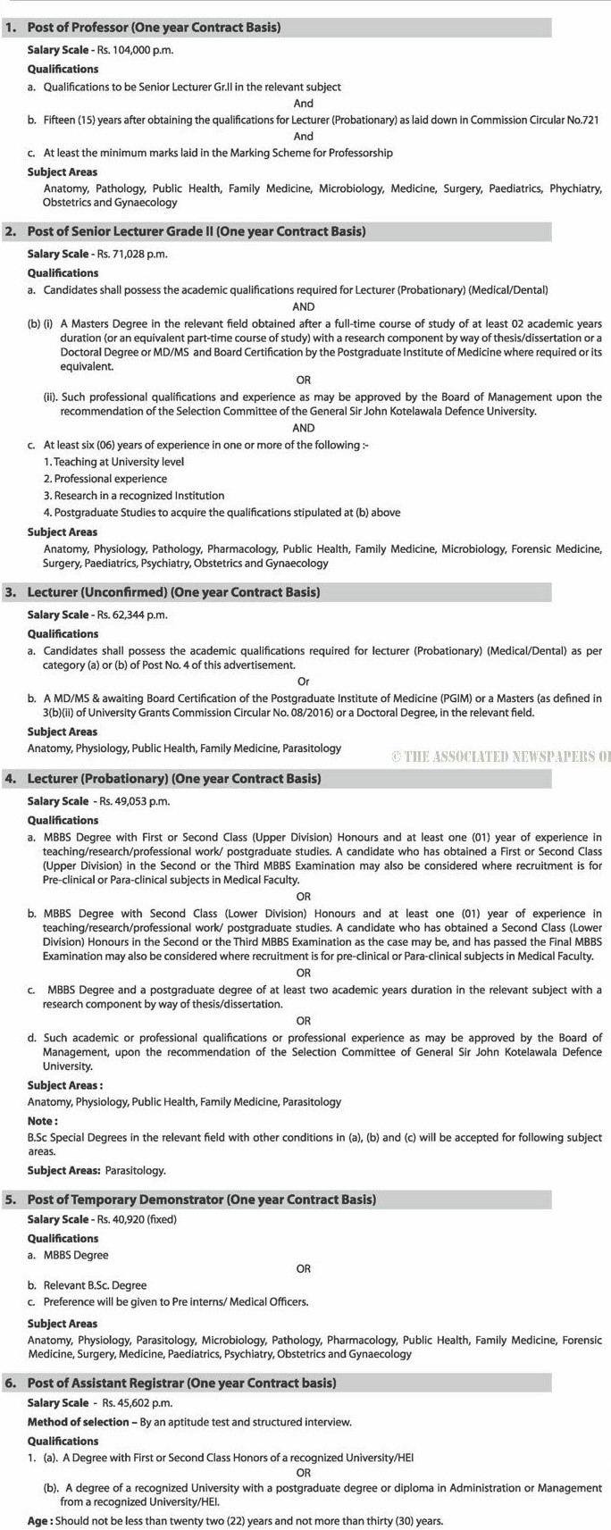 Management Assistant, Laboratory Attendant, Technical Officer, Assistant Registrar, Assistant Bursar, Professor, Senior Lecturer, Lecturer, Temporary Demonstrator, Labourer - General Sir John Kotelawala Defence University